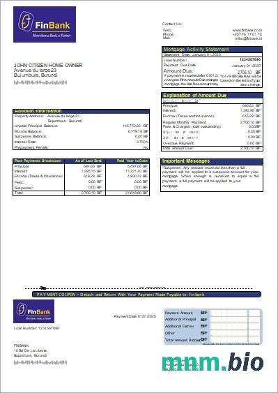 Burundi Bank Finbank wyciąg z kredytu hipotecznego szablon Word i PDF